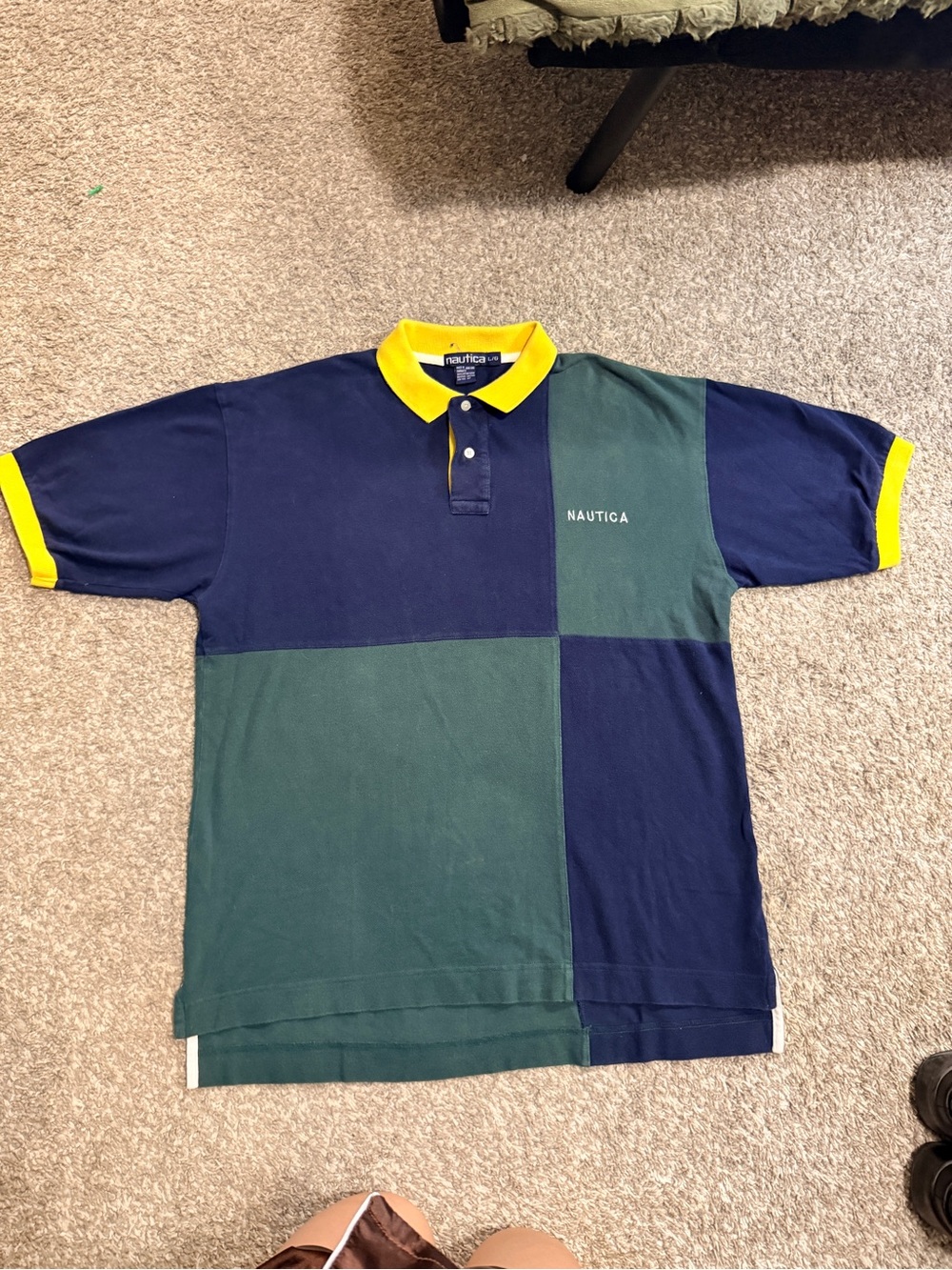 Nautica Men’s Navy and Green Colorblock Polo with Yellow Collar